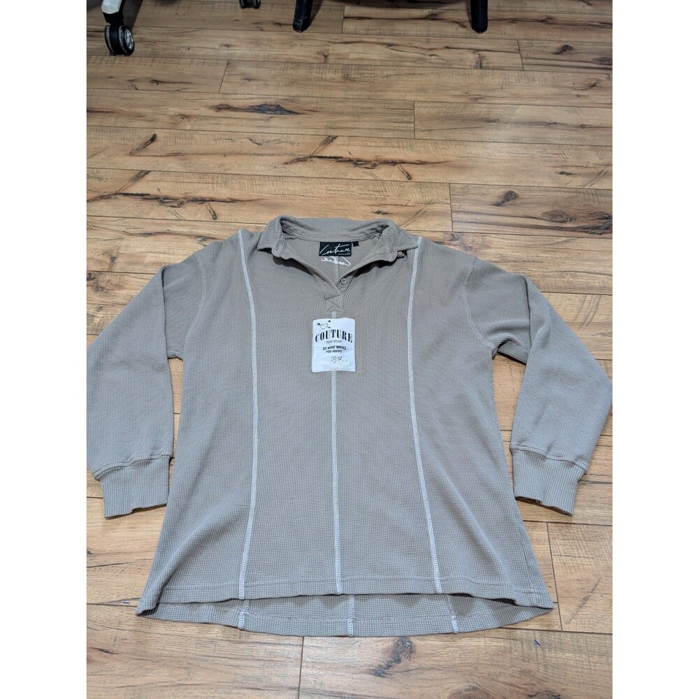 The Couture Club Long Sleeve Waffle Thermal Polo Top Taupe Beige UK 8 / US 4